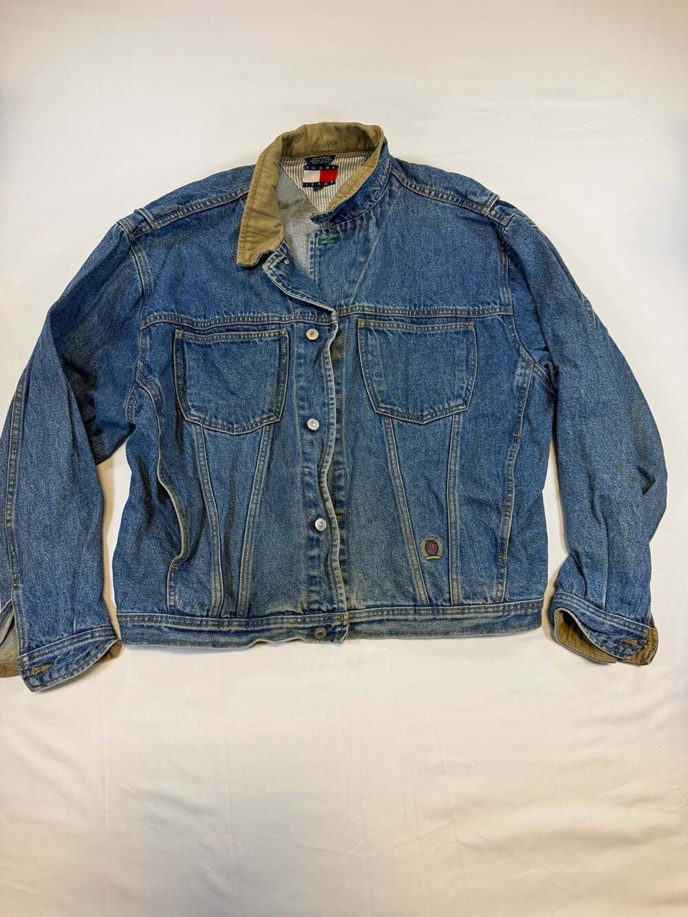 Vintage Tommy Hilfiger Denim Jacket Adult XL Blue Thrashed Grunge 90s Y2K USA